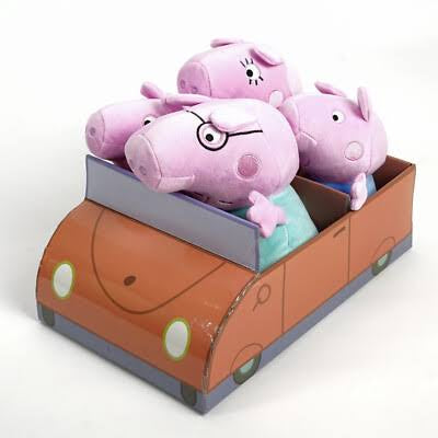 Peppa pig family plushies in a car