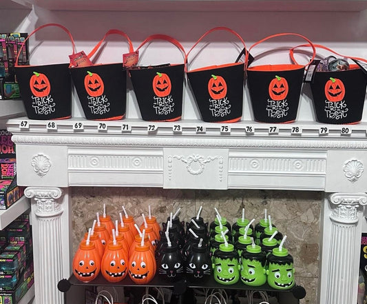 Mystery Halloween tote buckets with drinking cup and filled with Halloween items