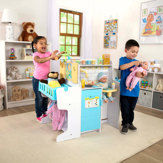 Melissa & Doug Mine to Love Baby Care Activity Centre, Wooden Multi-Functional Doll Playset with Kitchen, Nursery & Bathing Area, Pretend Play