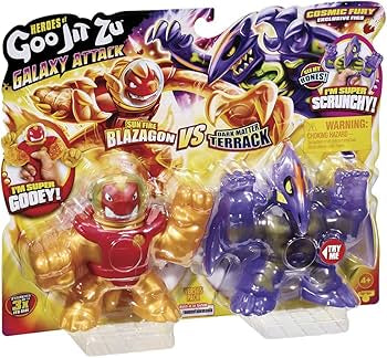 Heroes of Goo Jit Zu BANDAI Galaxy Attack Action Figure Pack 2 Sun Fire Blazagon vs Dark Matter Terrack - CO41169 Multicolor - Stretch and Twist Figures for Action!